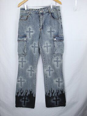 Vamtac Men's Denim Jean Y2K Pants Harajuku Baggy Crosses & Flames SZ 32 Y2K VTG